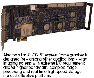 Alacron&rsquo;s FastX1703 PCIexpress frame grabber is designed for &ndash; among other applications &ndash; x-ray imaging systems with extreme I/O requirements and/or higher bandwidth, complex image processing and real-time high-speed storage in a cost effective platform.
