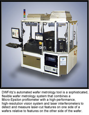 DWFritz&rsquo;s automated wafer metrology tool is a sophisticated, flexible wafer metrology system that combines a Micro-Epsilon profilometer with a high-performance, high-resolution vision system and laser interferometers to detect and measure laser-cut features on one side of a wafers relative to features on the other side of the wafer.